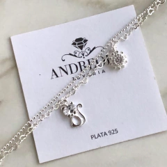 pulsera doble con dije gato y sol con cubics (cod p021)