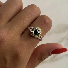 anillo bulgari con cubic negro de plata y oro (cod an436)