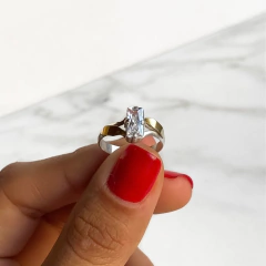 anillo solitario cubic rectangular plata y oro (cod an332)