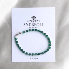 Pulsera Cristales biconico verde esmeralda y bolitas de Plata 925