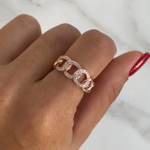 anillo cadena con cubics regulable de plata rose (cod an343)