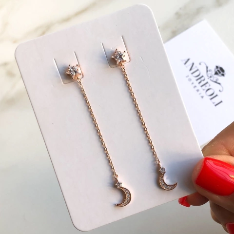 aros colgante estrella de cubic y luna Plata Rose (cod ar228)