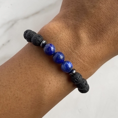 pulsera de piedra volcanica, lapislazuli y hematite elastizada 6mm(cod p217)