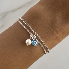 pulsera doble con dije perla y ojo turco de acero blanco (cod p189)