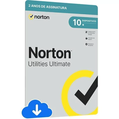 A imagem mostra uma embalagem de software do Norton Utilities Ultimate. É uma representação 3D da caixa do produto, que é predominantemente azul e branca com detalhes em amarelo. A caixa apresenta o logotipo da Norton no topo e um grande símbolo de marca 