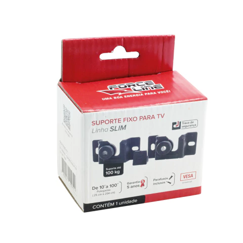 Embalagem do suporte fixo universal para TV da linha Force Line, compatível com TVs de 10″ a 100″ e suporte de até 100 kg.