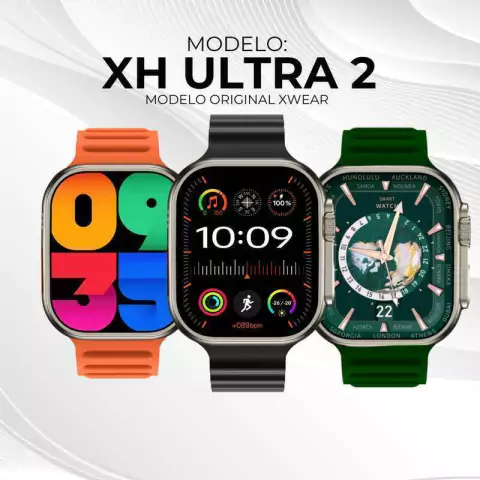 A imagem mostra três smartwatches de diferentes cores e designs, rotulados como “MODELO: XH ULTRA 2 MODELO ORIGINAL XWEAR”. Cada relógio possui uma tela que exibe a hora e várias funcionalidades inteligentes, como monitoramento de frequência cardíaca e po
