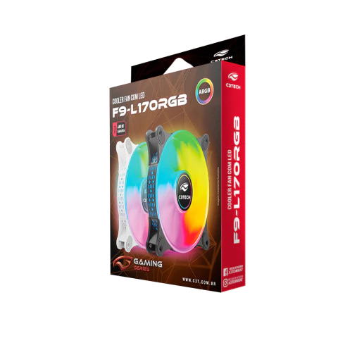 Embalagem do Cooler Fan F9-L170BK ARGB com LED da C3Tech, destacando as lâminas coloridas e o design moderno.