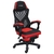 A imagem mostra uma cadeira gamer ergonômica moderna com um esquema de cores preto e vermelho. A cadeira possui apoios de braço ajustáveis, um encosto alto com material de malha respirável e está montada em uma base de estrela de cinco pontas com rodízios