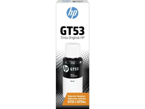 Frasco de tinta preta original HP GT53 para tanques de tinta de impressoras, com embalagem branca e preta