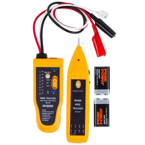 A imagem mostra um conjunto de equipamentos de teste eletrônico, especificamente um rastreador e localizador de fios. Os principais componentes incluem um dispositivo portátil amarelo com vários interruptores e botões rotulados como “SELECT” e “STATUS”, a