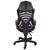 A imagem mostra uma cadeira gamer ergonômica moderna com um esquema de cores preto e vermelho. A cadeira possui apoios de braço ajustáveis, um encosto alto com material de malha respirável e está montada em uma base de estrela de cinco pontas com rodízios