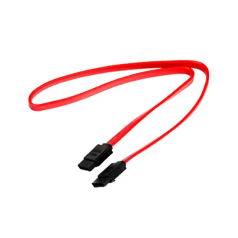 A imagem mostra um cabo SATA (Serial ATA) vermelho, comumente usado para conectar discos rígidos, SSDs ou unidades ópticas à placa-mãe de um computador. O cabo possui dois conectores pretos em cada extremidade com uma interface interna em forma de “L”. Es