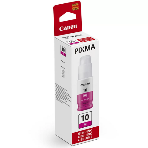 A imagem mostra uma garrafa de tinta magenta Canon GI-10 M. A garrafa possui um rótulo branco com o logotipo da Canon no topo, seguido pelo número do produto “10” e a letra “M” indicando a cor magenta. A parte inferior do rótulo é colorida em um gradiente