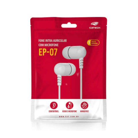 Fone de Ouvido Intra EP-07WH Branco C3Tech, microfone integrado, Possui Funcao Handsfree, Embalagem Bag