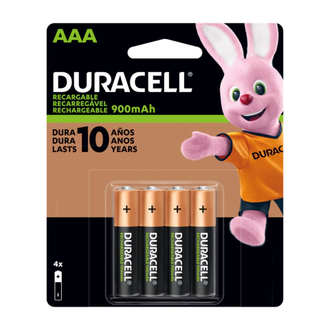 Pilha Recarregável AAA Duracell 1,2V 900mAh Ni-MH com 4 unidades, ideal para controles, câmeras e eletrônicos portáteis. Alta durabilidade, desempenho constante e recarga eficiente com tecnologia Níquel-Metal Hidreto.
