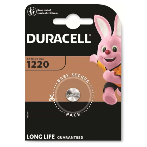 Bateria Duracell CR1220 de lítio 3V cartela com 1 unidade, ideal para controles de portão, calculadoras, relógios, brinquedos e eletrônicos, oferecendo energia confiável e duradoura.