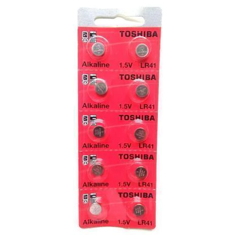 Foto do cartucho com 10 baterias alcalinas Toshiba LR41 AG3 192, ideais para relógios, calculadoras, controles remotos e pequenos dispositivos eletrônicos.