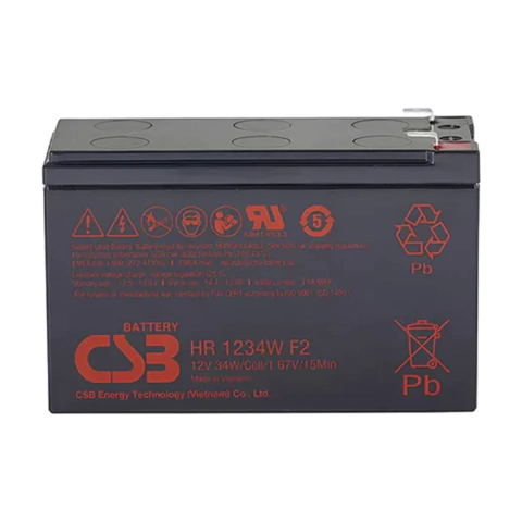 Bateria CSB HR1234W 12VDC 9Ah VRLA com terminal Faston F250 para nobreaks, alarmes, energia solar e sistemas de segurança. Alta durabilidade e confiabilidade.