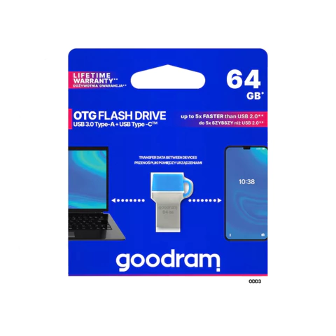 Pen Drive GOODRAM ODD3 com 64GB de armazenamento, tecnologia USB 3.0 e design elegante na cor azul. Ideal para transferências rápidas e seguras de dados.