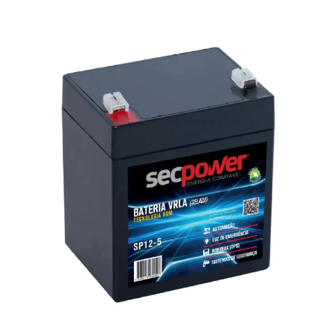 Bateria SecPower SP12-5 12V 5Ah selada AGM-VRLA com alta durabilidade. Ideal para alarme, UPS, brinquedos elétricos e veículos elétricos. Produto confiável e seguro.