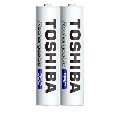 Imagem do cartucho com 2 baterias recarregáveis Toshiba AAA 950mAh 1.2V, recomendadas para controles remotos, mouses sem fio e pequenos dispositivos eletrônicos.