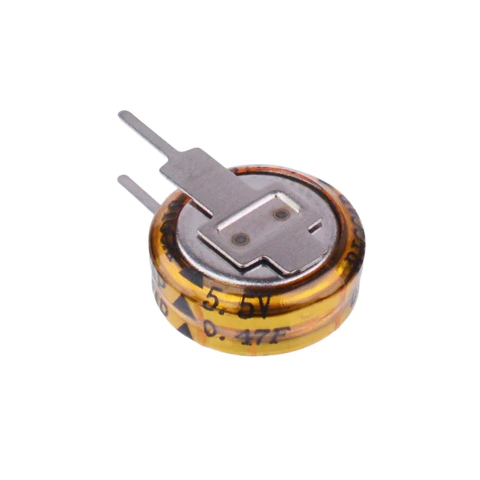Super capacitor radial BIGCAP modelo BCE005R5V224FS com capacitância de 0.22F e tensão nominal de 5,5V. Ideal para aplicações em circuitos eletrônicos que necessitam armazenamento temporário de energia.