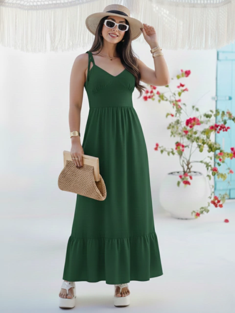 Vestido Longo Alcinha Amarração Franzido No Busto - Linda