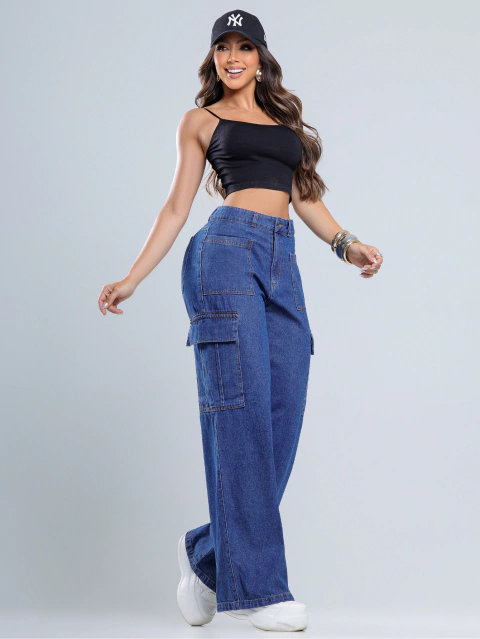 Calça Jeans Wide Leg Bolso Cargo Ludy - CRIS GUIMARÃES