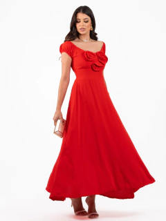 Vestido Longo Manga Curta Fluido Flor 3D - Paloma