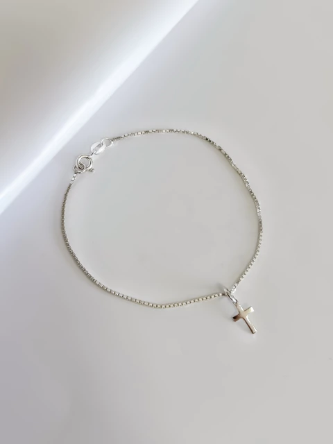 Pulseira Veneziana pingente cruz Prata 925