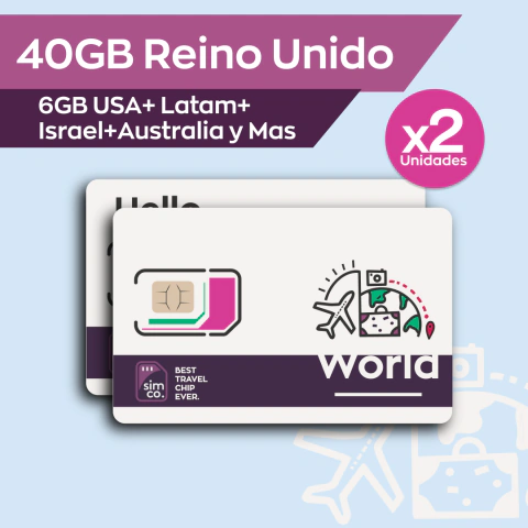 SIMx2 40GB Reino Unido/6GB para Europa, Usa, Israel y mas destinos