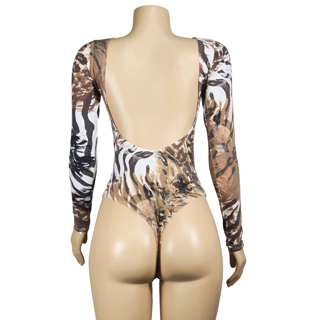 Body Manga Longa Costas Nua Estampado ( SEM REDUTOR DE MEDIDAS)