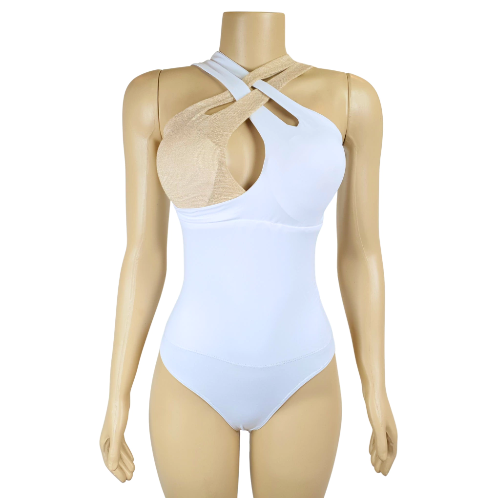 BODY BUSTO CRUZADO MODELADOR ALTA COMPRESSÃO MOOAH BRANCO BUSTO DOURADO