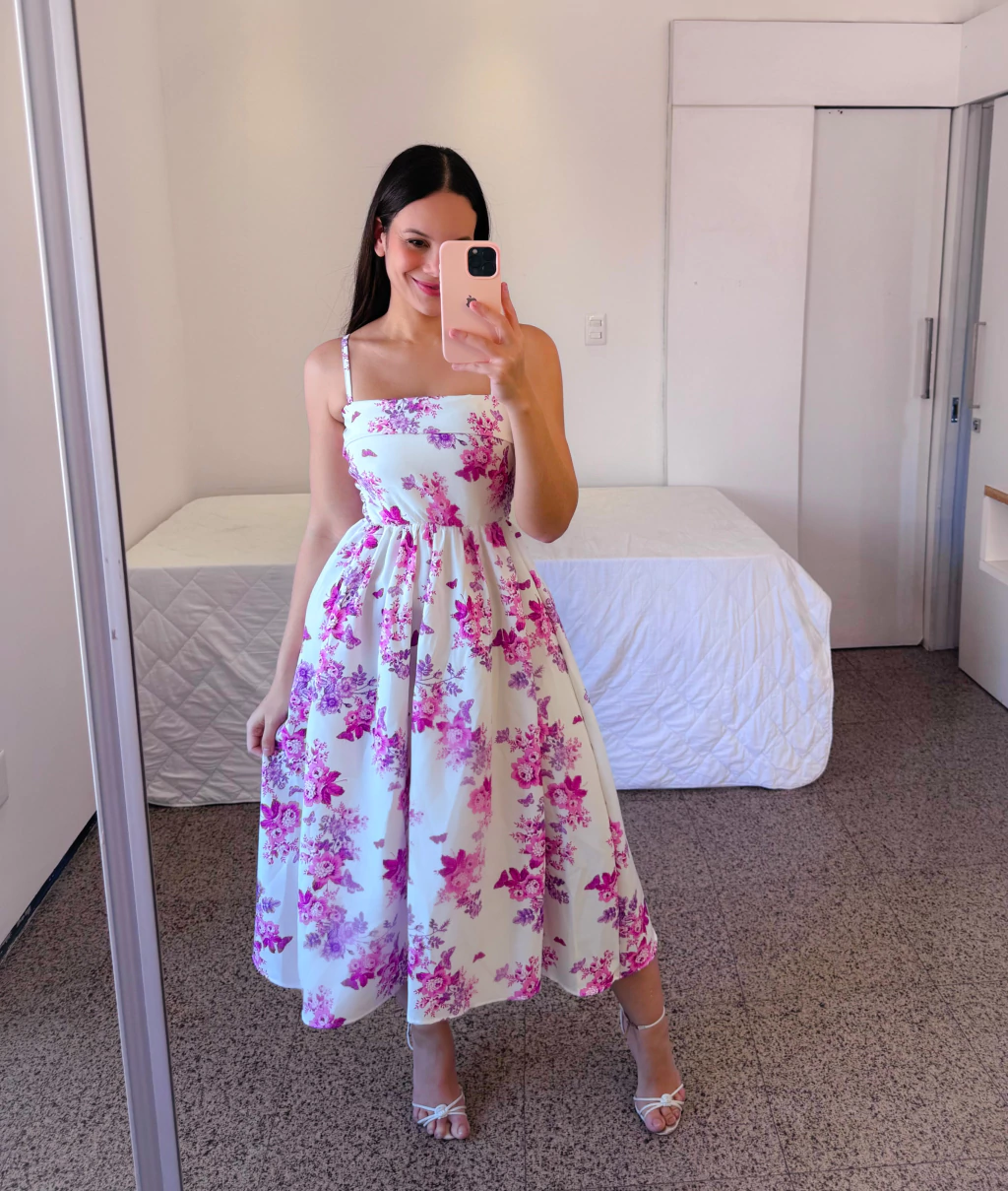 Vestido Maite Primavera Rosa, midi de alcinha com saia rodada