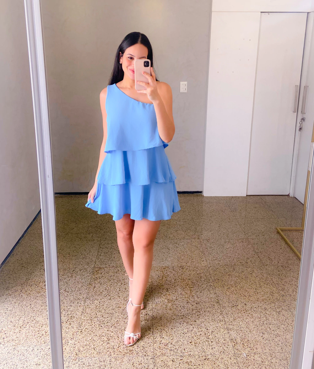 Vestido Evy Azul, curto de um ombro só