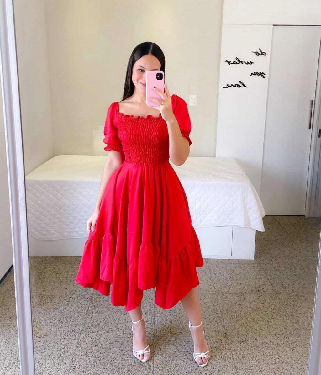 Vestido Kely Bordô, midi com manga bufante