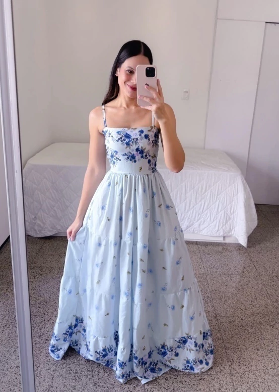 Vestido Giovana Floral Azul, longo de alcinha em camadas