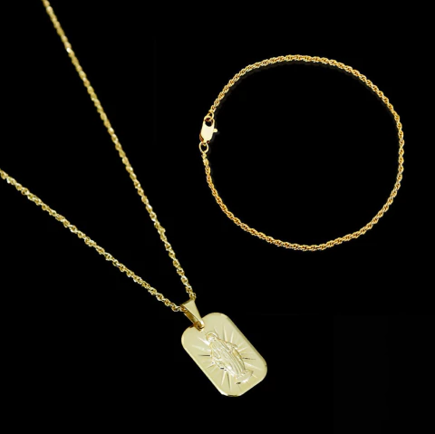 Kit Corrente Cordão Baiano (2mm) 70cm + Pulseira Cordão Baiano (2mm) 21cm + Pingente Medalha C0006/P008/PG43