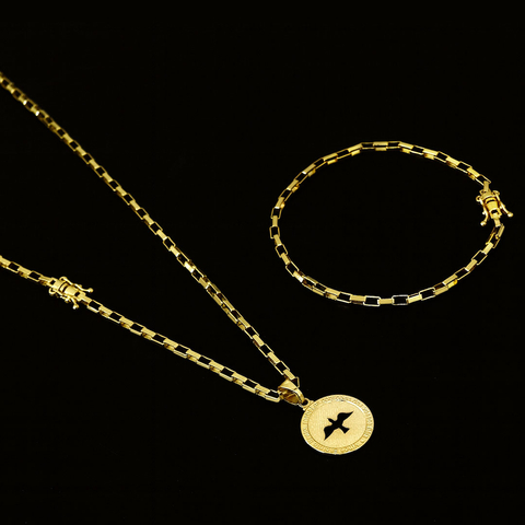 Kit Corrente Elo Chapado 2,5mm 60cm + Pulseira Elo Chapado 3mm 21cm + Pingente Medalha da Paz Vazado - C0017/P003/PG135