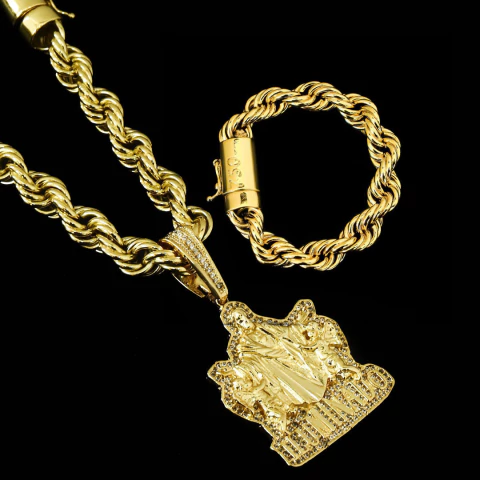 Corrente Cordão Baiano (12mm) 70cm + Pulseira Cordão Baiano (10mm) 19cm + Pingente Iluminado 5X4 - C0008/P153/PG435