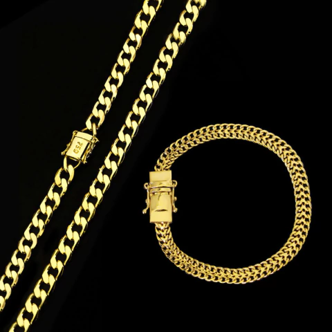 kit Corrente Grumet Flat (7,5mm) 70cm + Pulseira Grumet Lacraia (6mm) - 19cm C305/P230