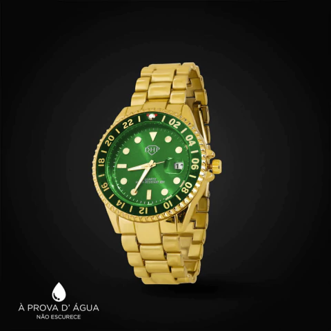 Relógio Imperador masculino dourado com mostrador verde, formato redondo, pulseira de metal anticorrosivo e resistente à água.