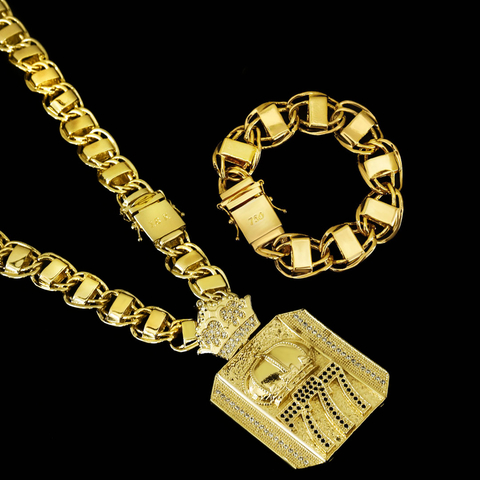 Kit Corrente Imperador Dubai 15mm 60cm + Pulseira Imperador Dubai 16mm 19cm + Pingente Coroa 777 - C241/P258/PG112