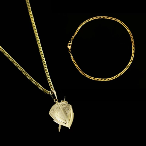 Kit Corrente Grumet Dupla (3mm) 70cm + Pulseira Grumet Dupla (2mm) 21cm + Pingente Escudo da Fé C173/P275/PG147