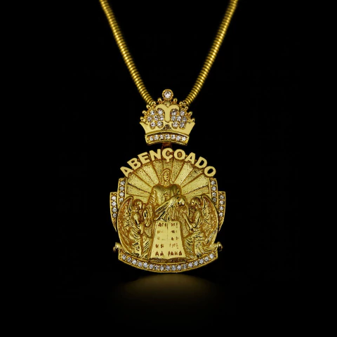 Pingente Abençoado Cravejado 5cmx4,5cm (32,6g) - Banhado a Ouro 18k