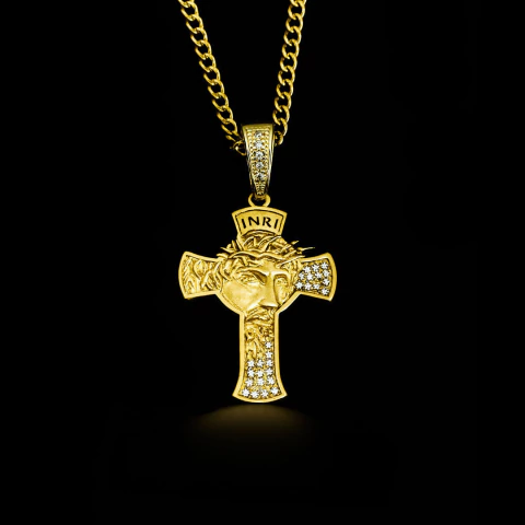 Pingente Cruz com Face de Cristo Cravejado 4cmx3cm (8,2g) - Banhado a Ouro 18k