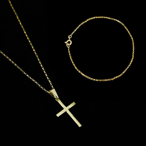 Kit Corrente Elo Chapado (1mm) 70cm + Pulseira Elo Chapado (1mm) 21cm + Pingente Cruz Pequena C0001/P002/PG2