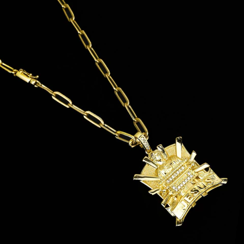 Corrente Elo Cadeado Fino (5,5mm) - 70cm + Pingente Jesus Cravejado - 3,5x3,9cm C0044/PG170