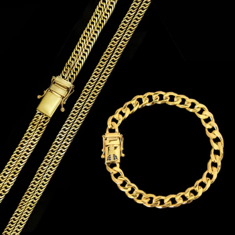 Kit Corrente Grumet Dupla Fio Duplo (11mm) 70cm + Pulseira Grumet Fecho Especial Nossa Senhora (8,5mm) 21cm C0009/P075